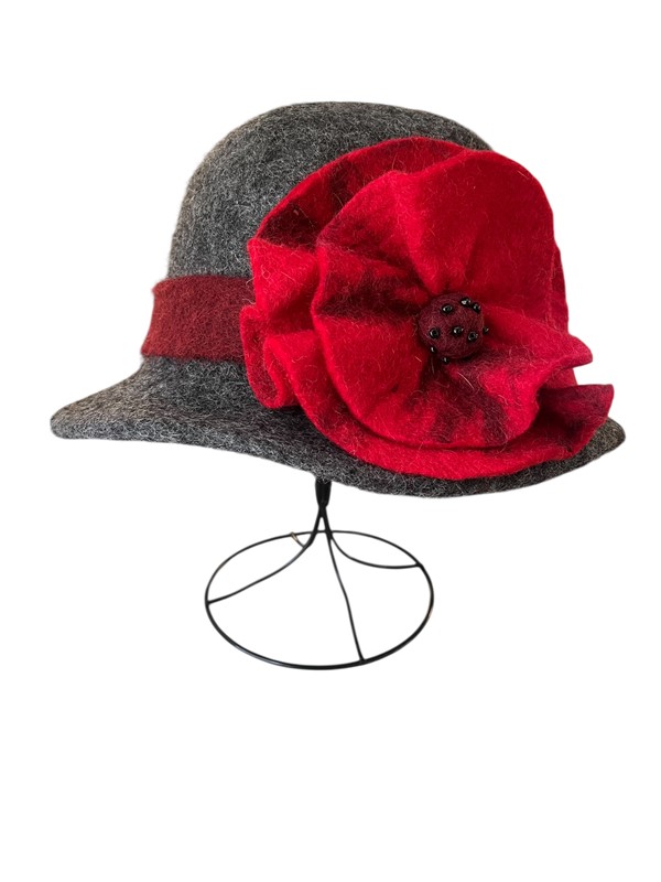 Hat T - Charcoal Hat with Red Flower and Belt VHATT